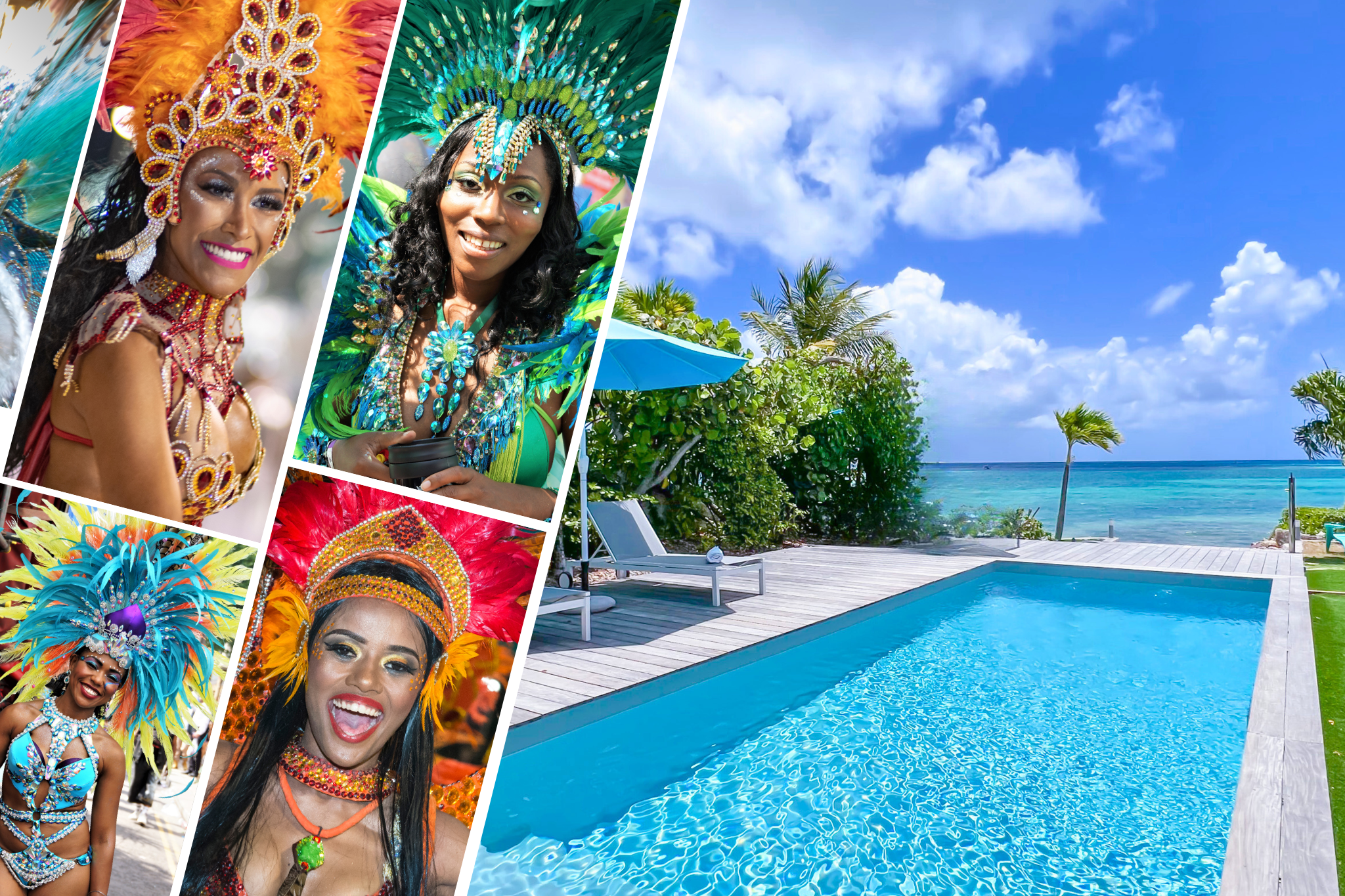 Design mosaïque de femmes en tenue carnavalesque avec la villa Altéa, d'IBAÏA Immobilier